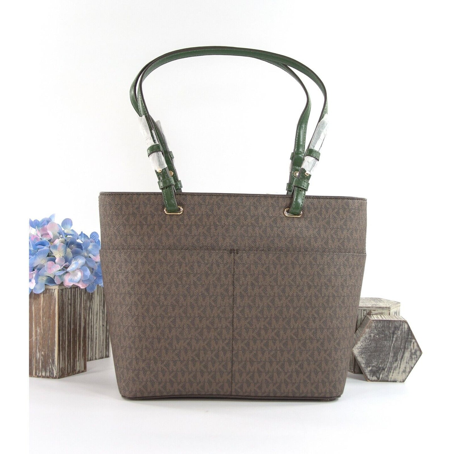 Michael Kors Brown Monogram Moss Leather East West Top Zip Pocket Tote Bag NWT