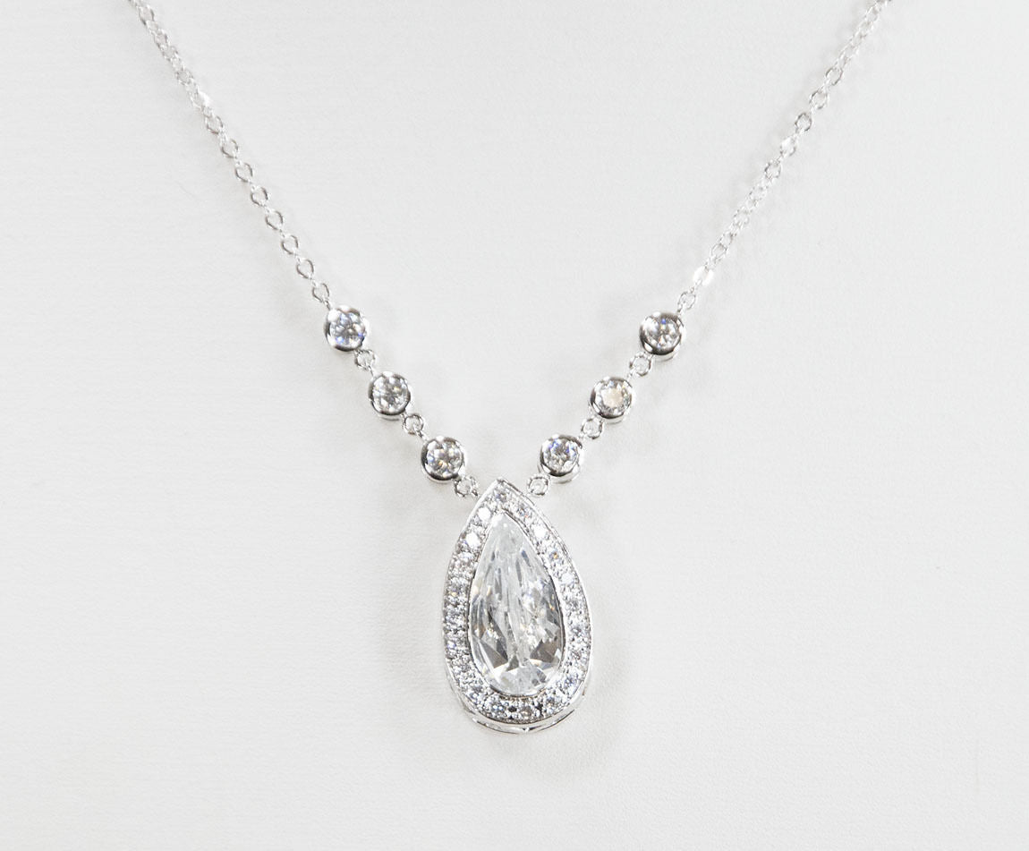CZ by Kenneth Jay Lane Rhodium Pear Classic Frame Pendant Red Carpet Necklace