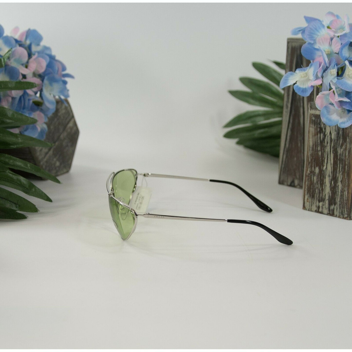 Prada 62VS66 Silver Pale Green Polarized Metal Aviator Logo Sunglasses NWT Case