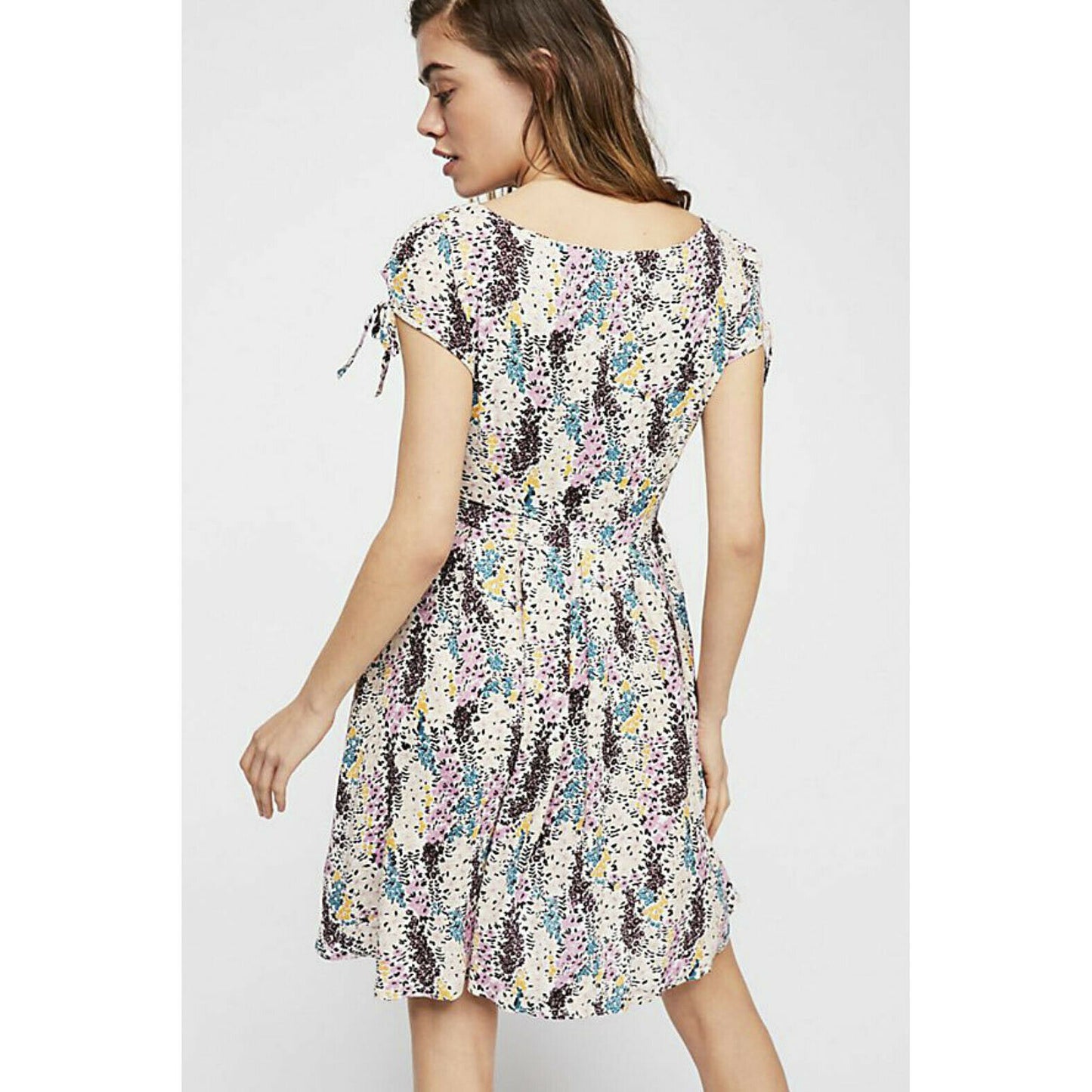Free People Miss Right Ivory Floral Rayon Keyhole Cut Out Mini Dress LG NWT
