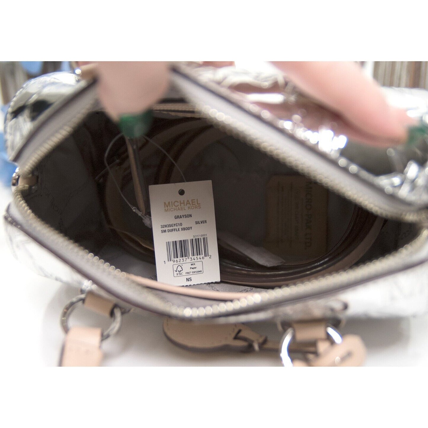 Michael Kors Mirror Metallic Silver Monogram SMALL Duffle Satchel Bag NWT