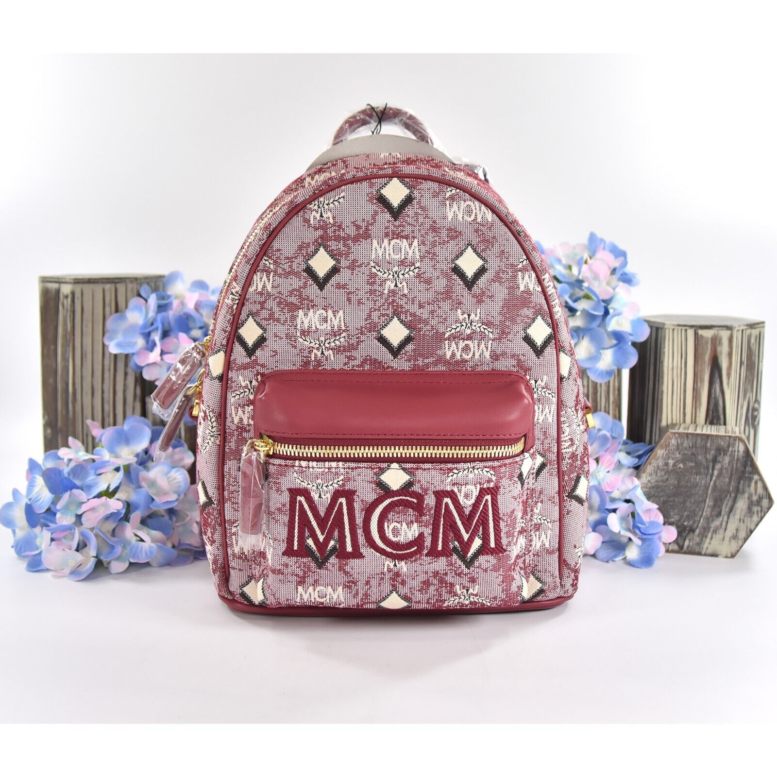 MCM Red Stark Vintage Jacquard Leather Small Backpack Book Bag NWT – Design  Her Boutique