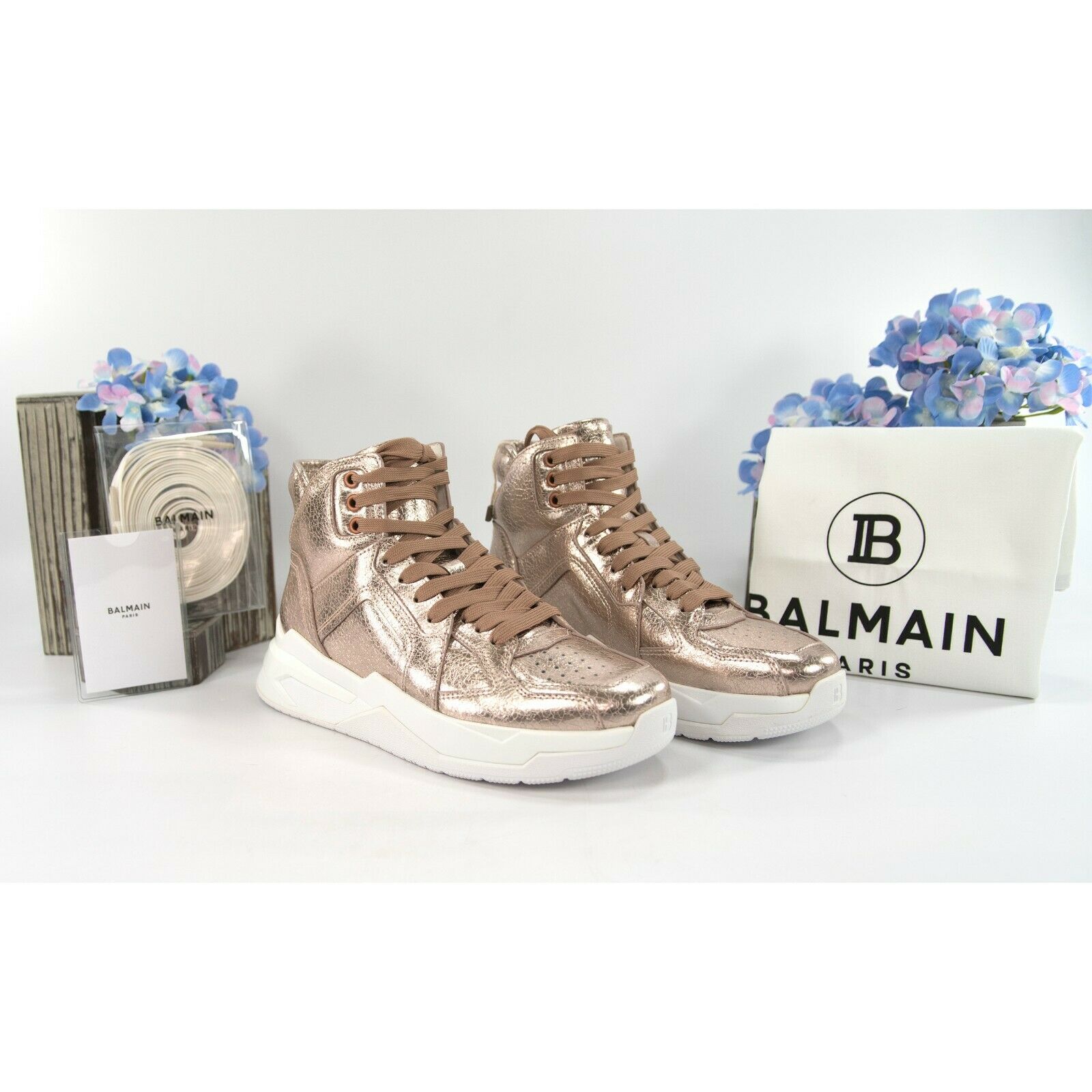 Balmain Rose Gold B-Ball Top Leather Sneakers 38 NIB Design Her Boutique
