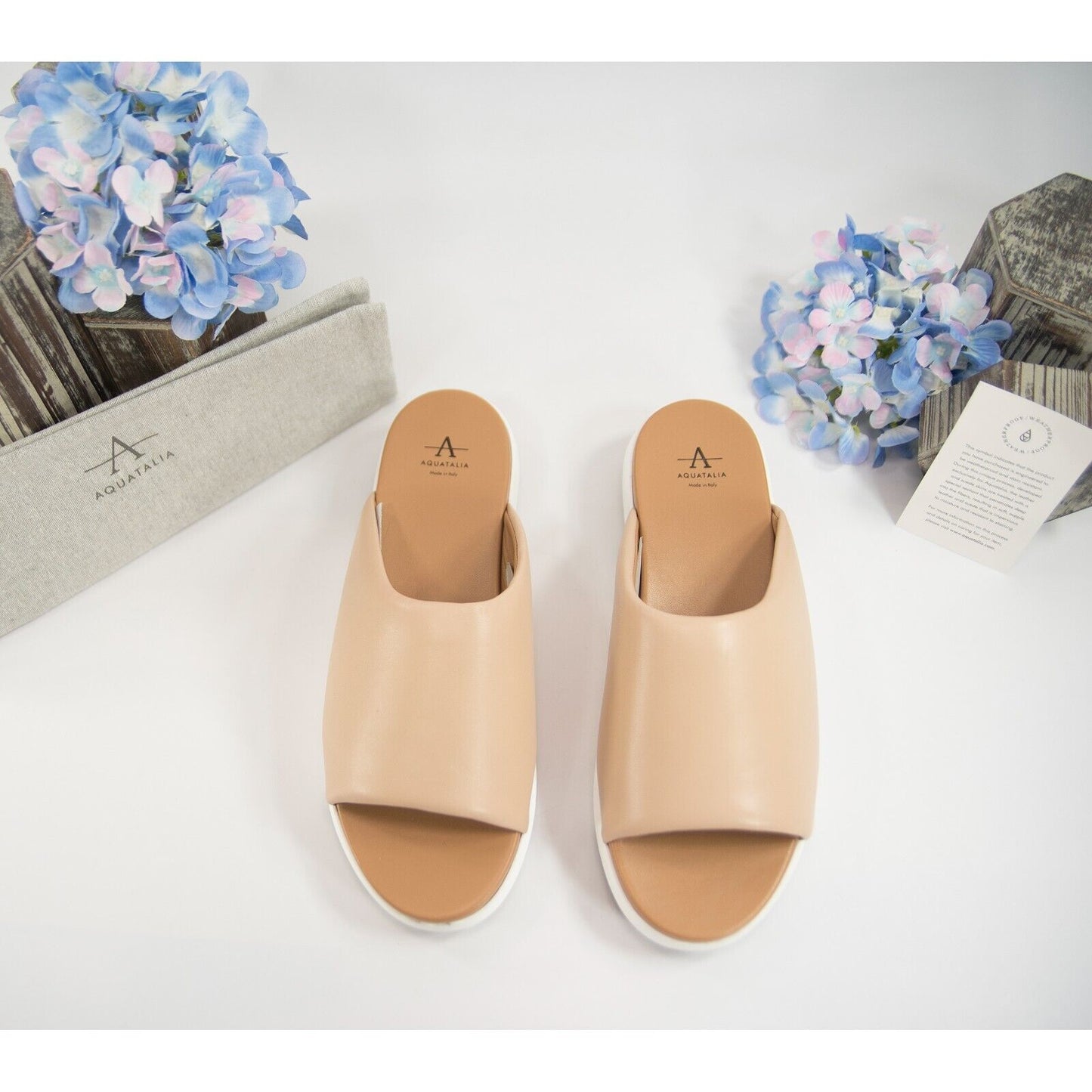 Aquatalia Sharla Cappucino Nappa Leather Open Toe Loafer Mule Flats Size 9.5 NIB
