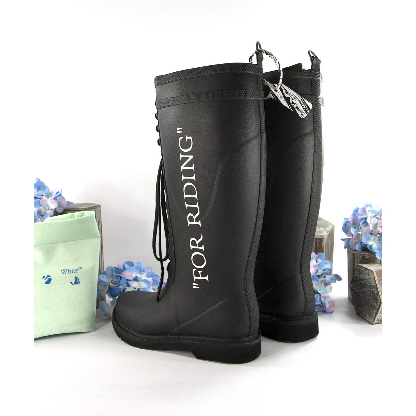 Off-White Black Rubber Leather All Weather Rain Riding Boots 37 NIB