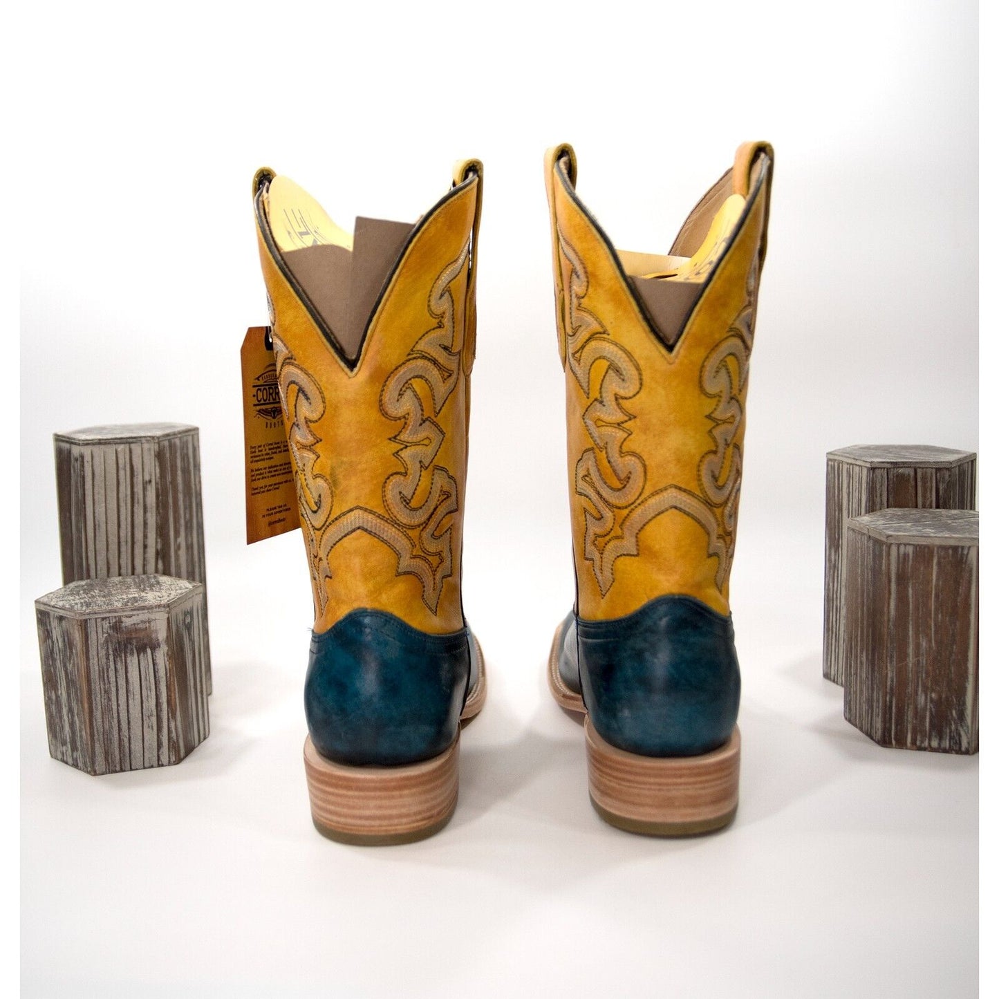 Corral A4381 Navy Blue Yellow Leather Embroidered Square Toe Boots Mens 8 NIB