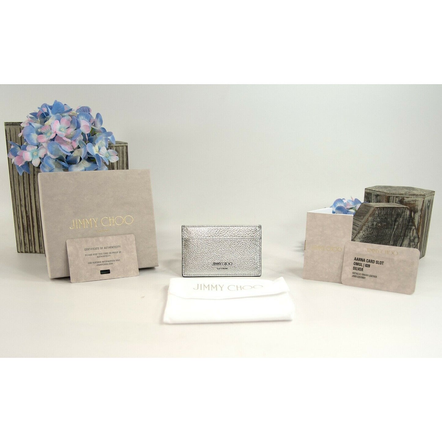 Jimmy Choo Aarna Silver Leather Card Case Holder Wallet NWT