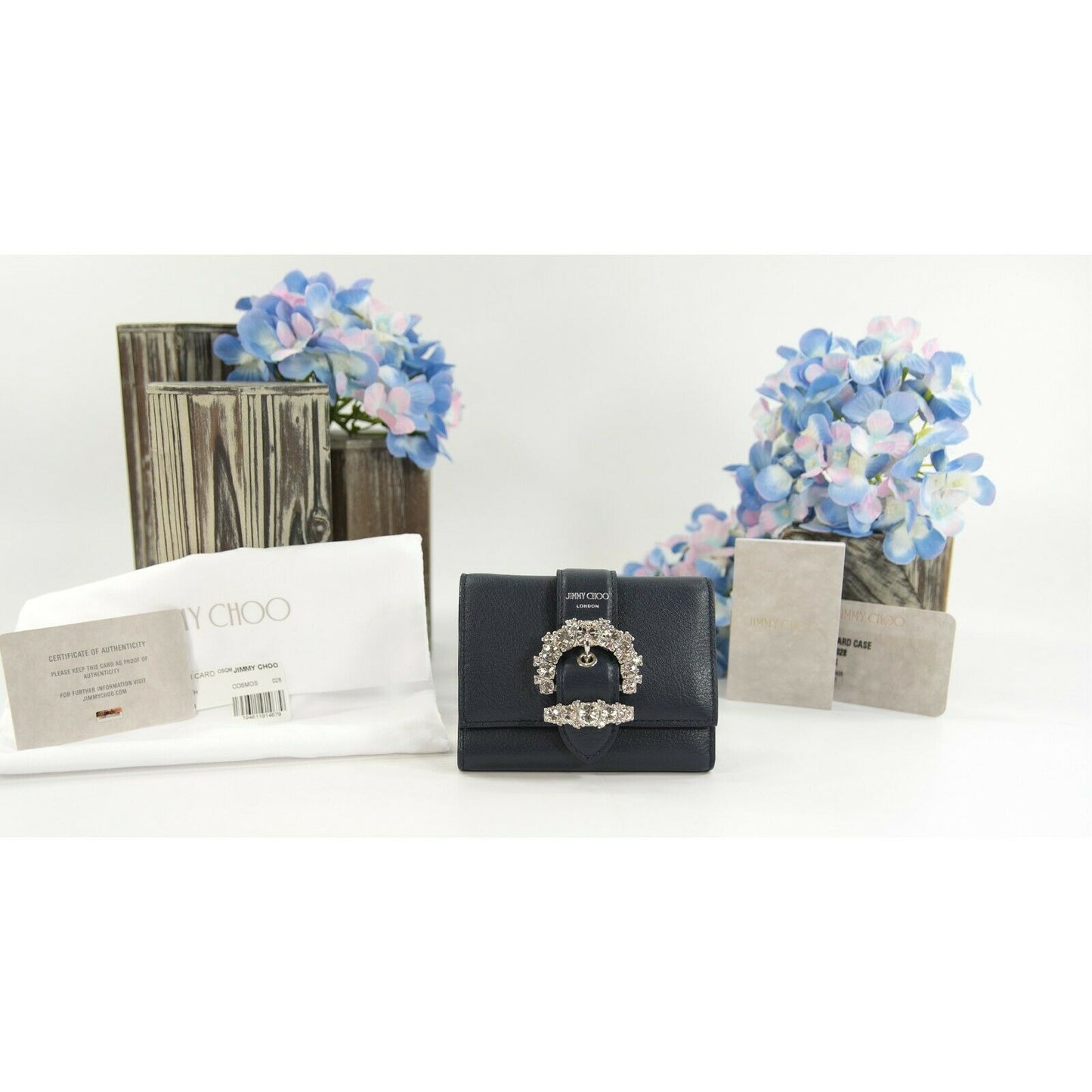 Jimmy Choo Cheri Cosmos Leather CZ Jewel Card Holder Small Trifold Wallet NWT