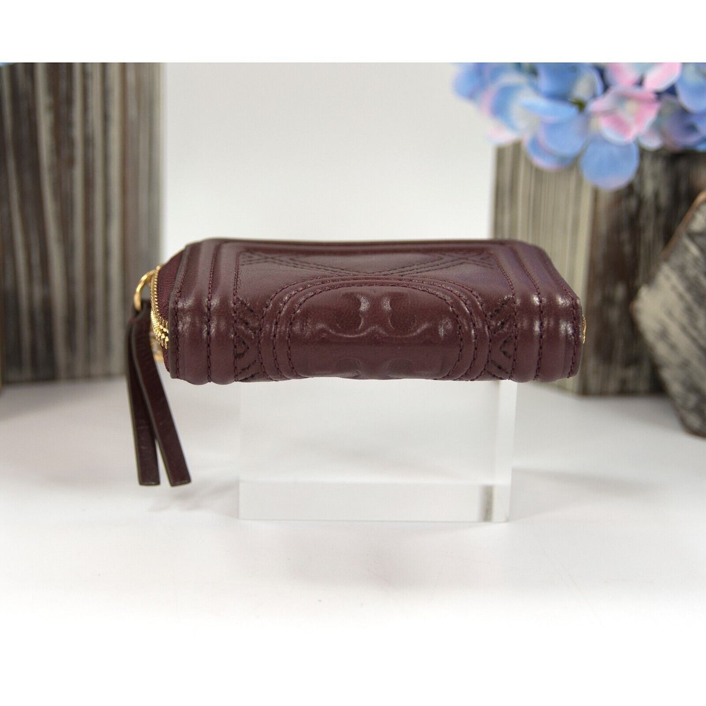 Tory Burch Nebbiolo Soft Waxed Leather Mini Compact Zip Around Wallet NWT