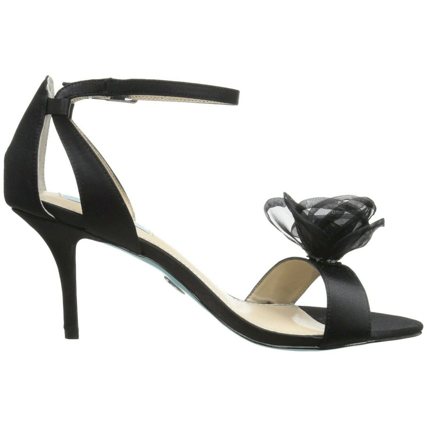 Betsey Johnson Maddi Black Satin Chiffon Flower Open Toe Kitten Heels 6.5 NIB