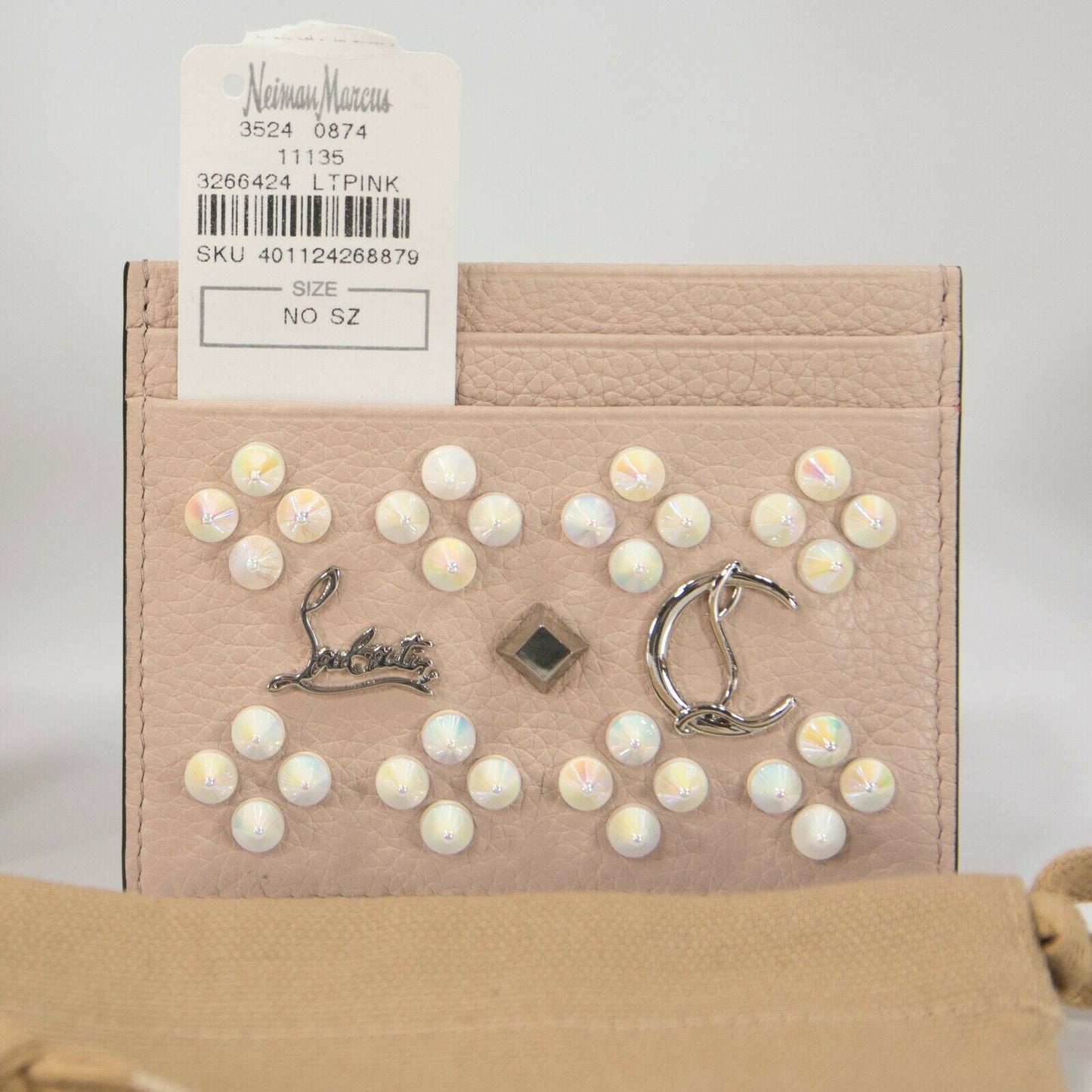 Christian Louboutin Kios Iridescent Studded Pink Leather Card Case Wallet NWT