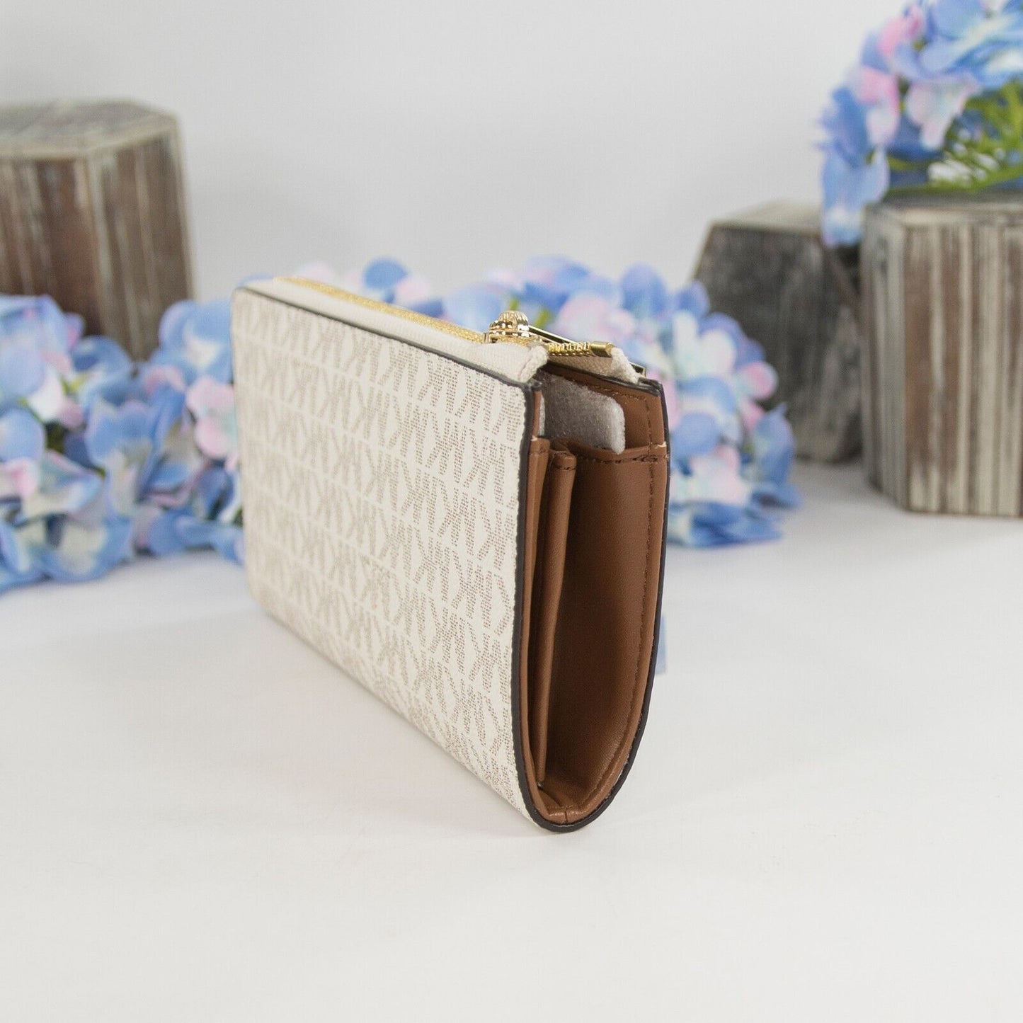 Michael Kors Vanilla Monogram Acorn Leather 3/4 Zip Around Lacey Wallet NWT