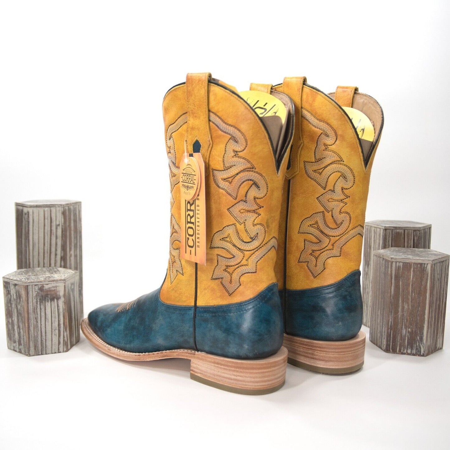 Corral A4381 Navy Blue Yellow Leather Embroidered Square Toe Boots Mens 8 NIB