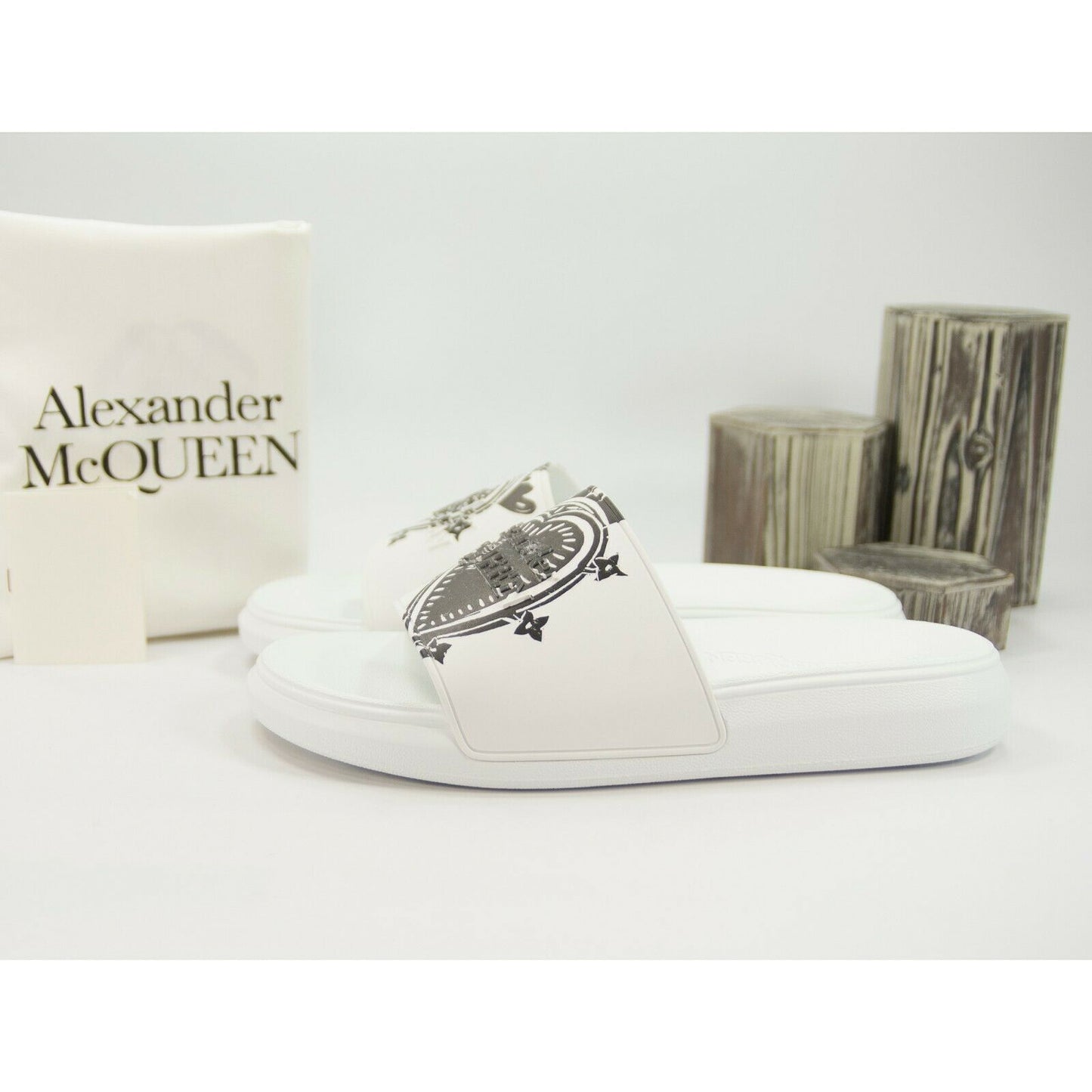 Alexander McQueen Mens White Heart Logo Leather Rubber Pool Slides 45 12 NIB