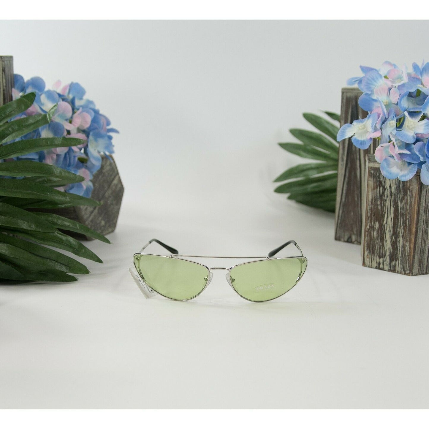 Prada 62VS66 Silver Pale Green Polarized Metal Aviator Logo Sunglasses NWT Case