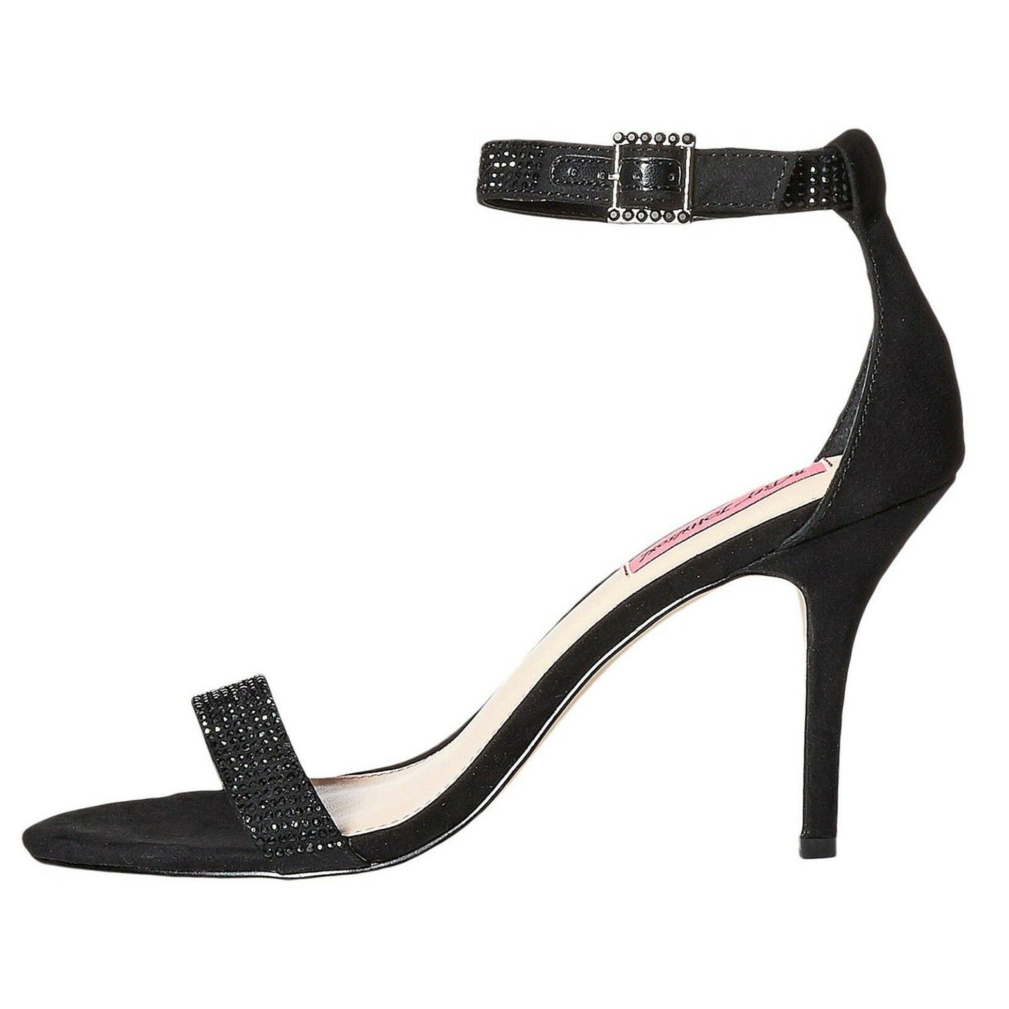 Betsey Johnson Brodway Black Satin Crystal Ankle Strap Heel Pumps 7.5 NWOB