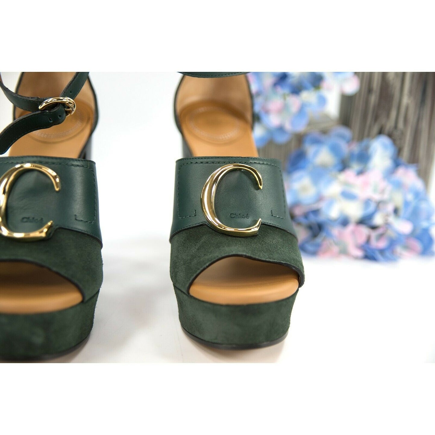 Chloe British Green Suede Leather C Logo Platform Sandal Heels 36 NIB