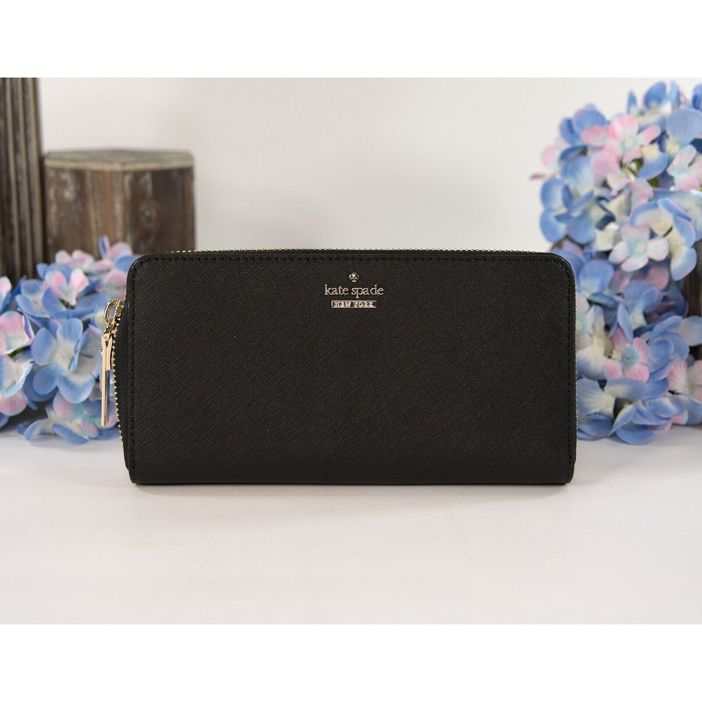 Kate Spade Black Leather Cameron Street Zip Around Lacey Wallet NWT