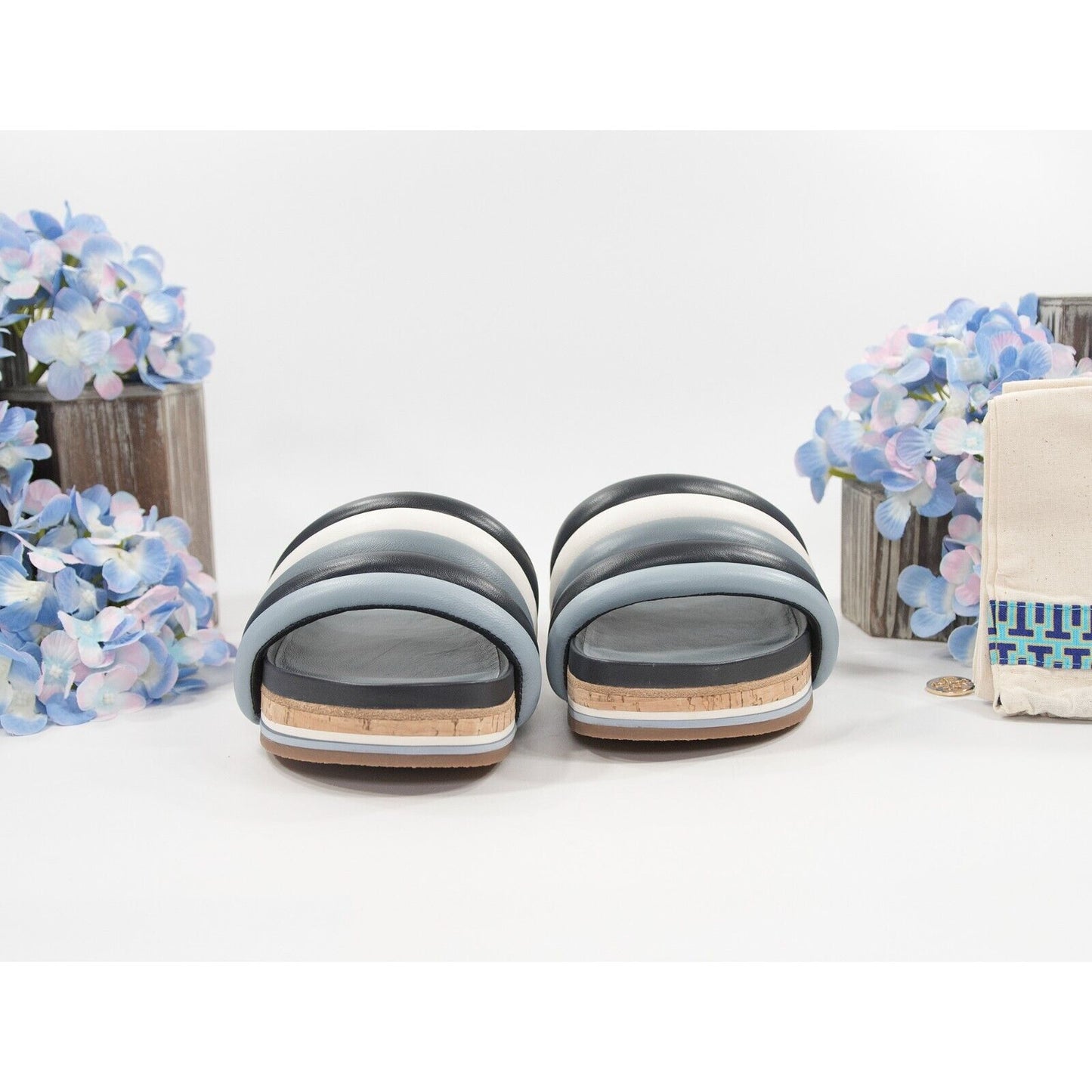 Tory Burch Perfect Navy Light Blue Nappa Quilted Leather Platform Slide 9 NIB