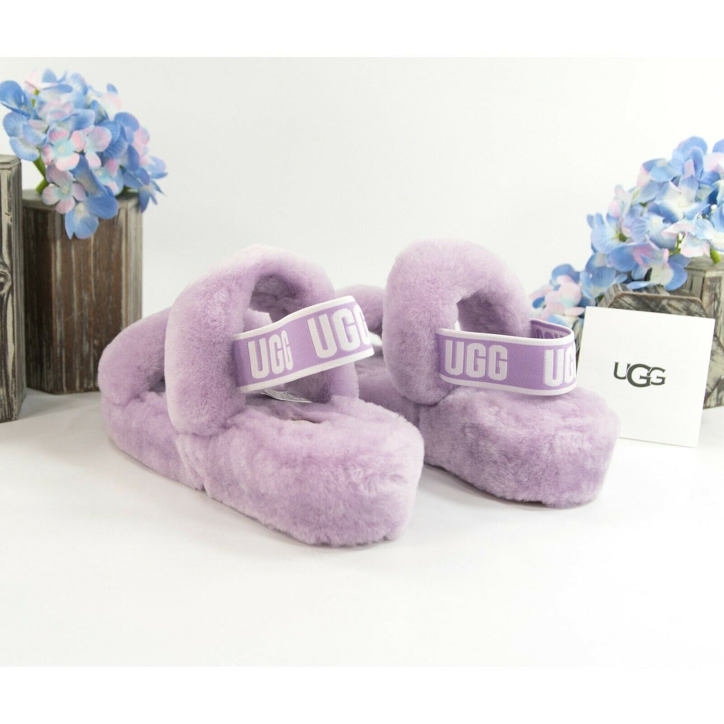 UGG Fluff Oh Yea Lilac Purple Sheepskin Fur Slippers Slides Sandals Sz 8 NIB