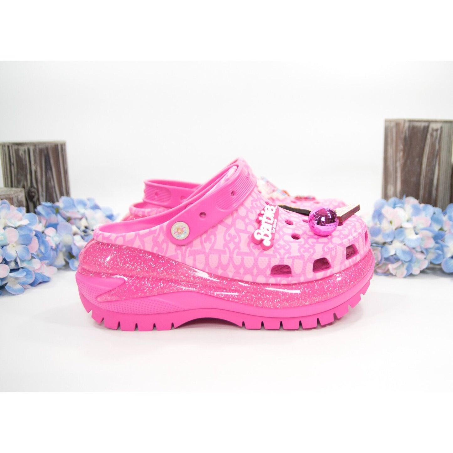 Crocs X Barbie The Movie Electric Pink Mega Crush Clog with Jibbitz NWT