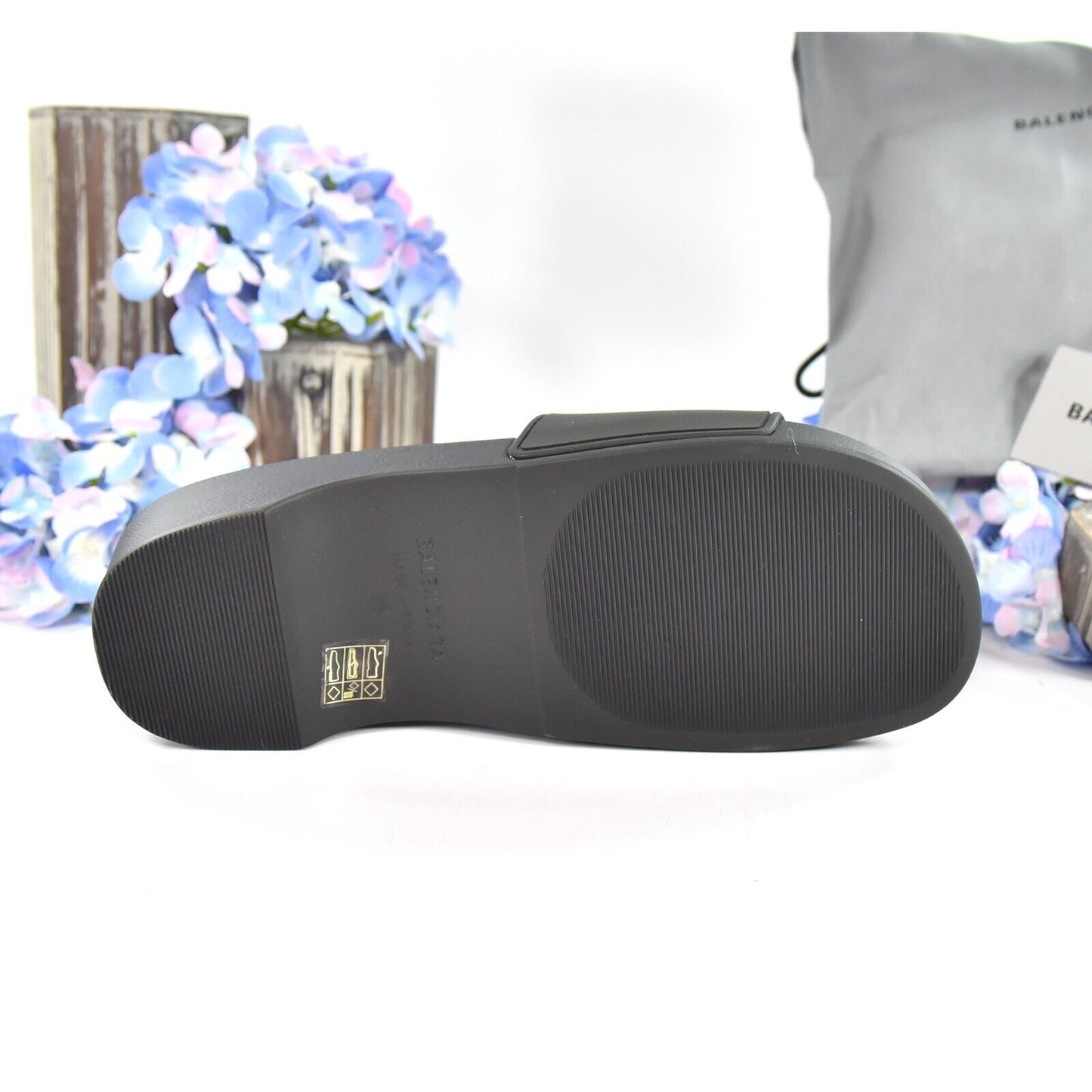 Balenciaga BB Black Rubber Wedge Slide Sandals Size 39 NIB