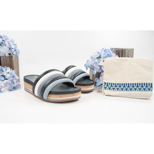 Tory Burch Perfect Navy Light Blue Nappa Quilted Leather Platform Slide 9 NIB