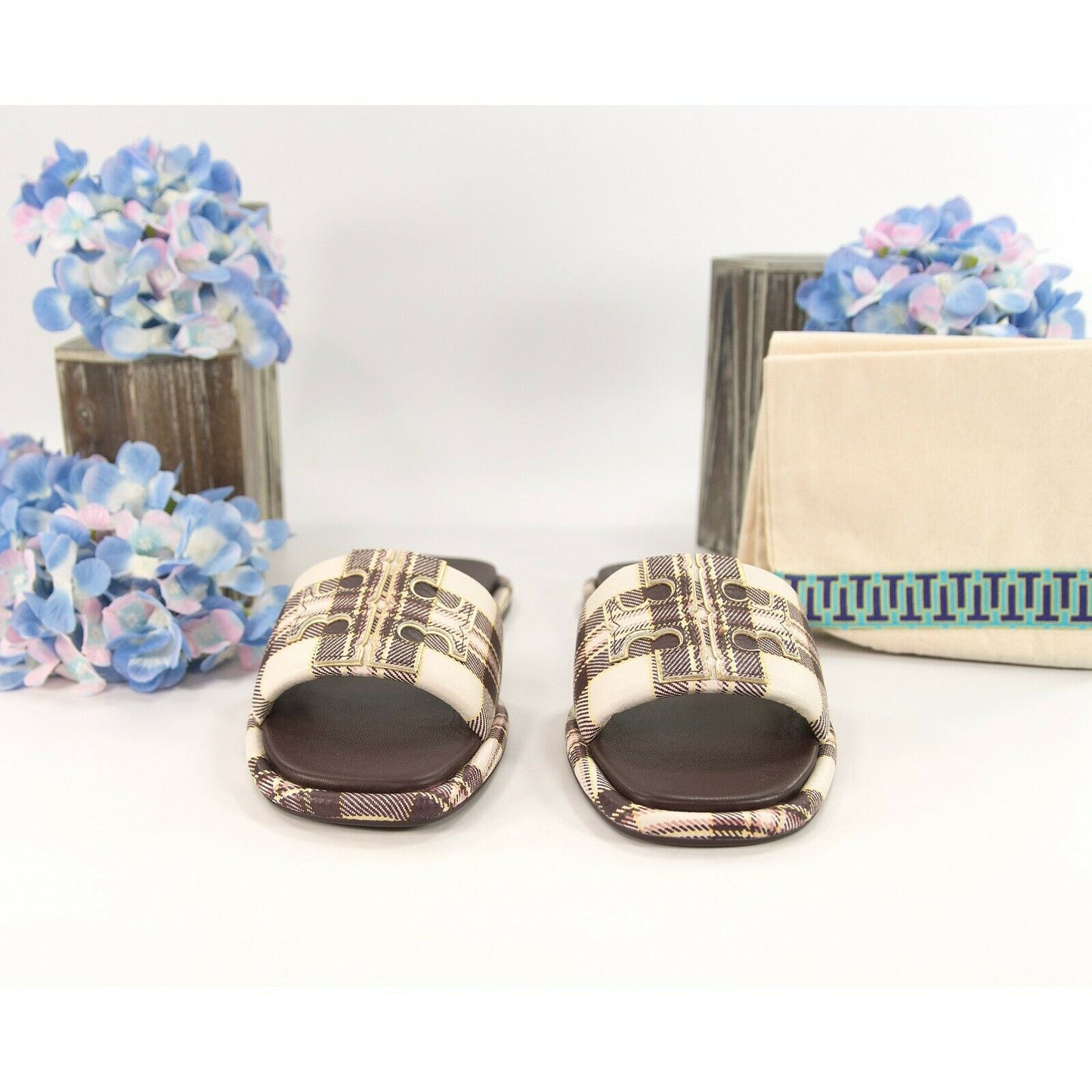 Tory Burch Cream Black Yellow Plaid Leather Double T Padded Sport Slide Sz 7 NIB