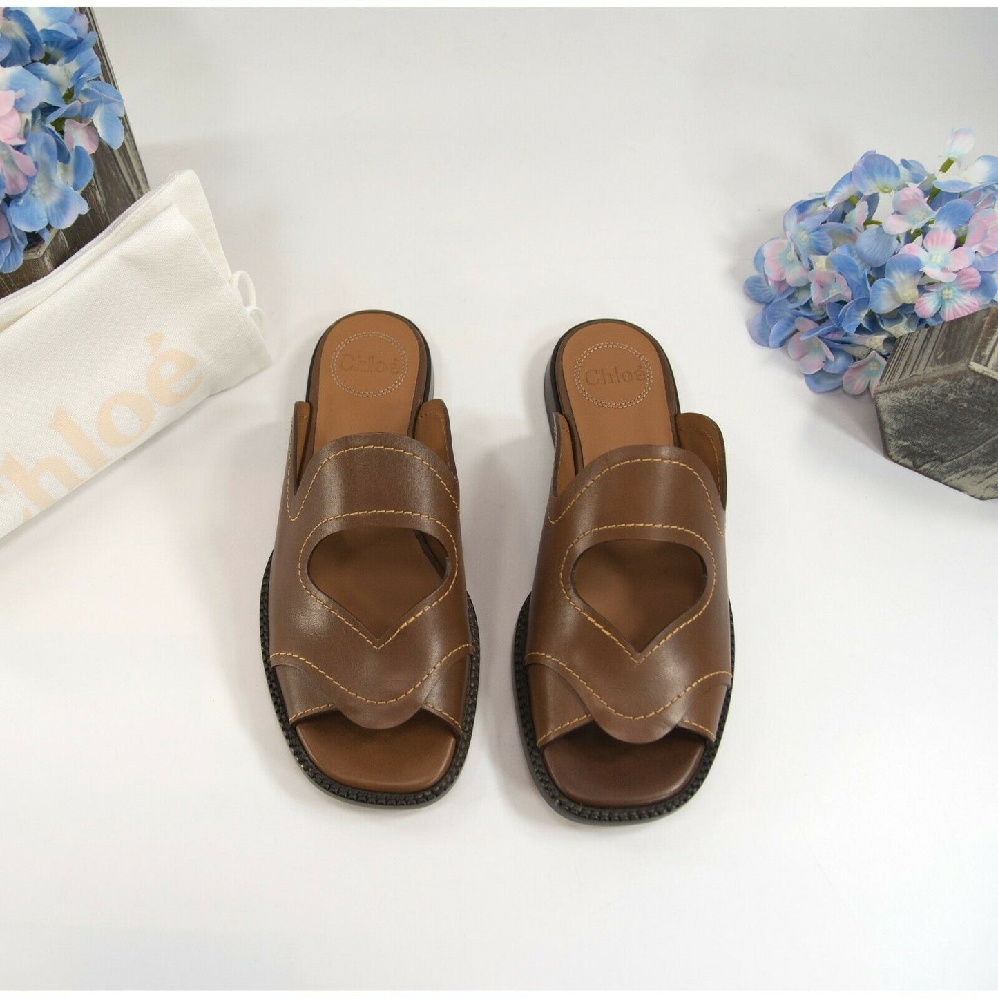 Chloe Brown Leather Gail Cut Out Flat Mules Slides Sz 38 NIB
