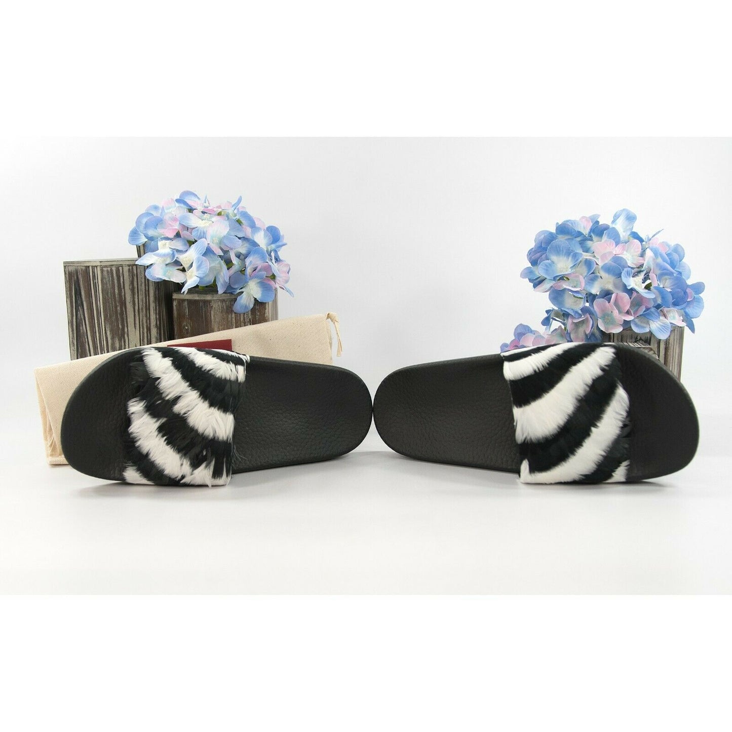 Valentino Black White Feather Embellished Pool Slide Sandals Sz 37 NIB