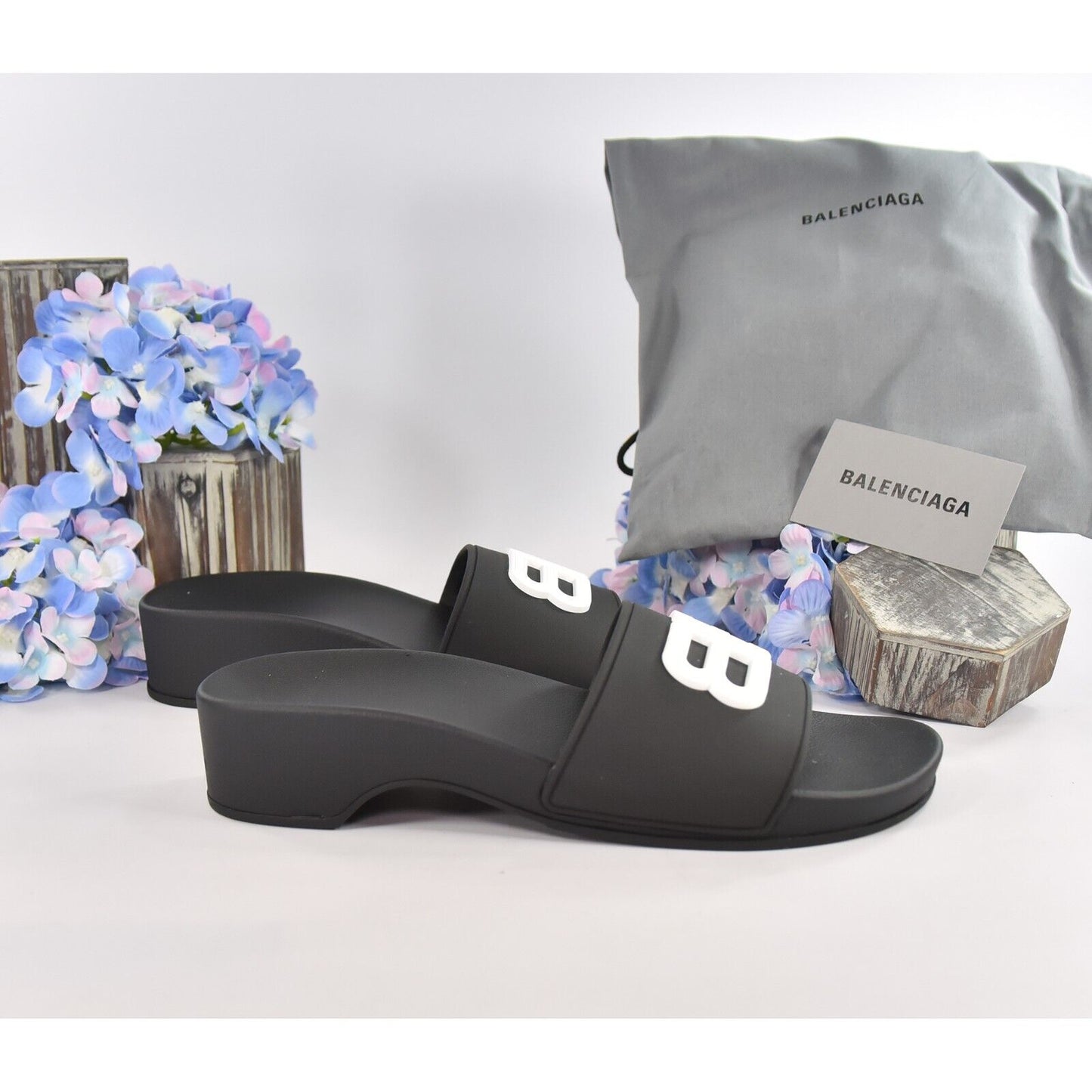 Balenciaga BB Black Rubber Wedge Slide Sandals Size 38 NIB