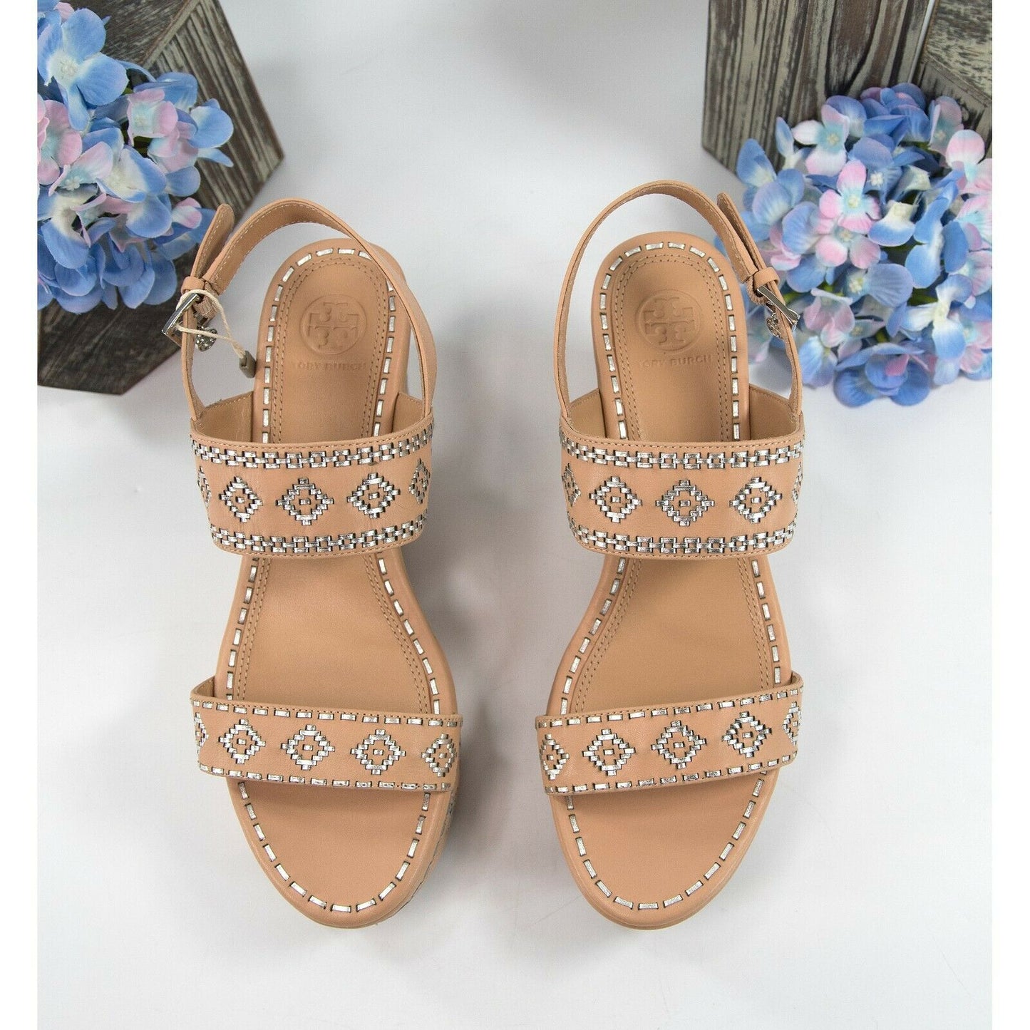 Tory Burch 80MM Natural Vachetta Leather Silver Woven Ankle Strap Wedge Heels 9