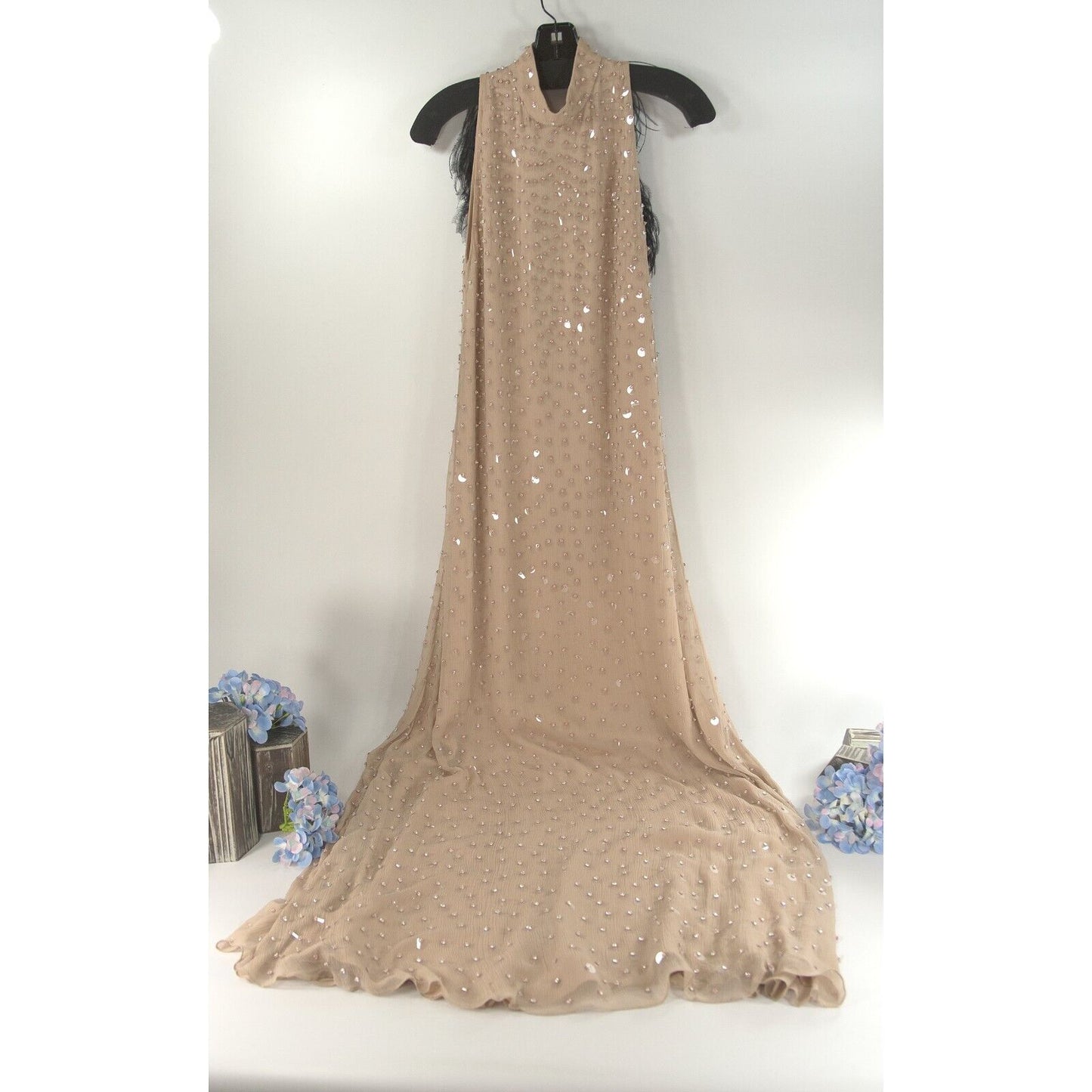 Alexis Kaza Blush Crystal Encrusted Feather Open Back Silk Gown XS NWT $3674