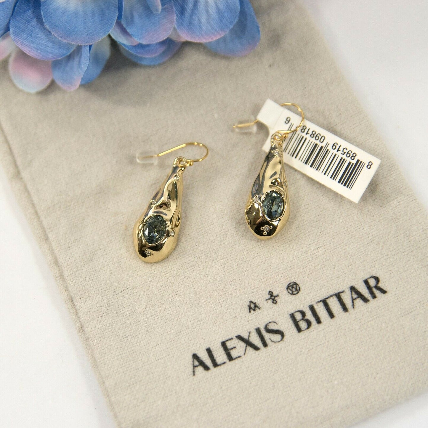 Alexis Bittar Gold Crumpled Metal Single Crystal Tear Drop Earrings NWT