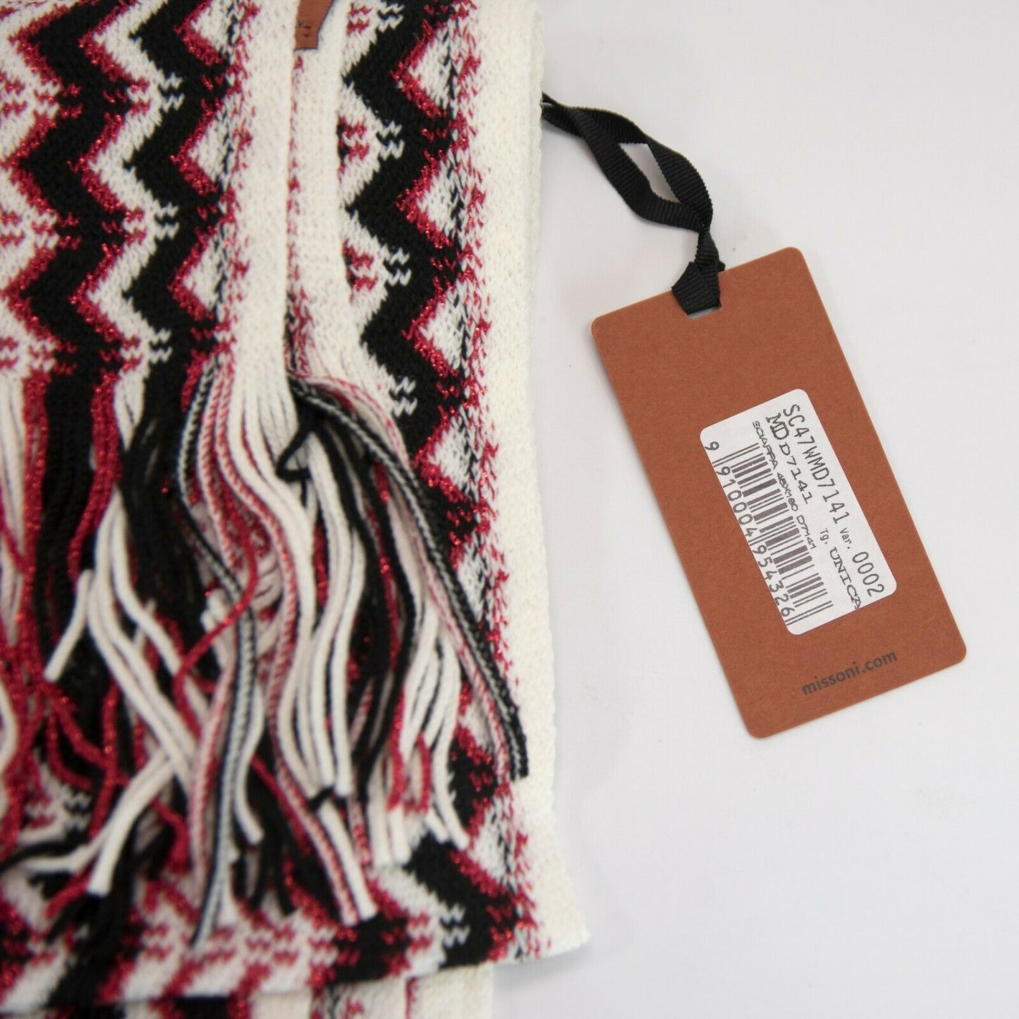 Missoni Metallic Red Black Wool Blend Zig Zag Orange Label Fringe Scarf NWT