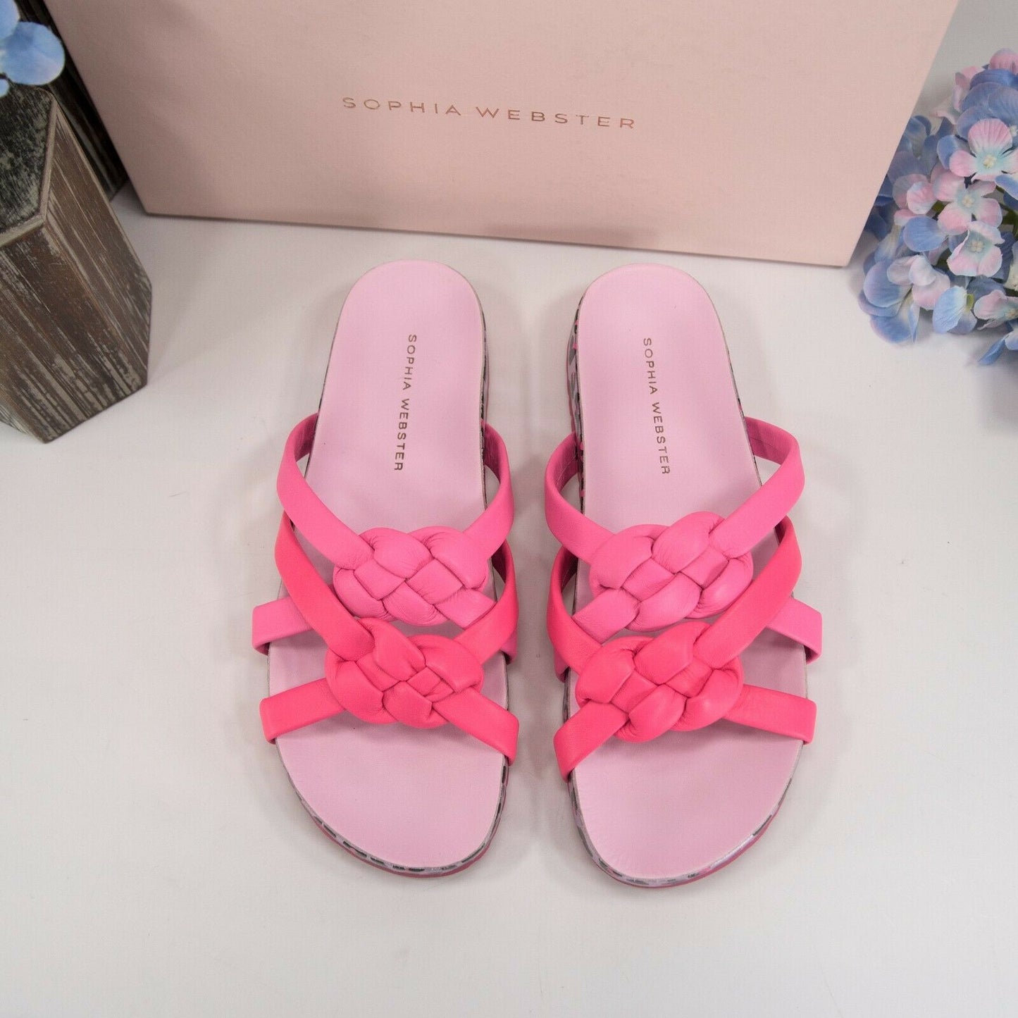 Sophia Webster Neon Pink Metallic Leopard Ramona Knotted Slides Sz 38 NIB