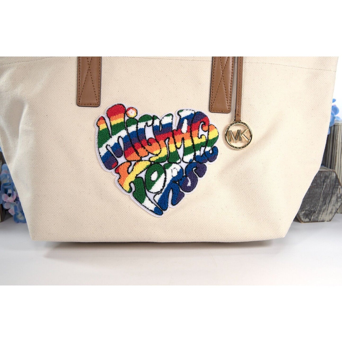 Michael Kors Canvas Heart The Michael Leather Trum Travel Tote Bag NWT