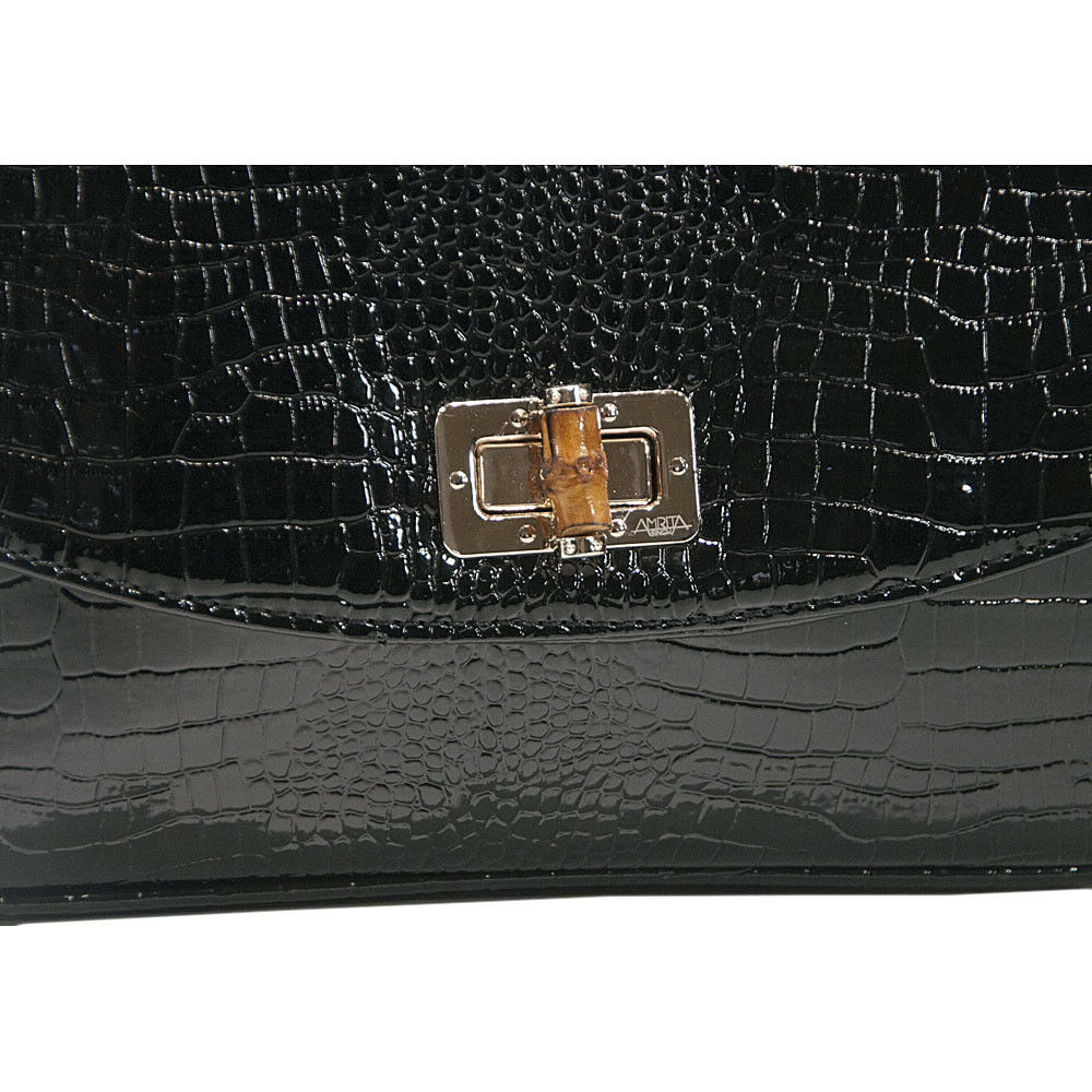 Amrita Singh Black Croc Faux Patent Leather Jumbo Flap Shoulder Bag NWT