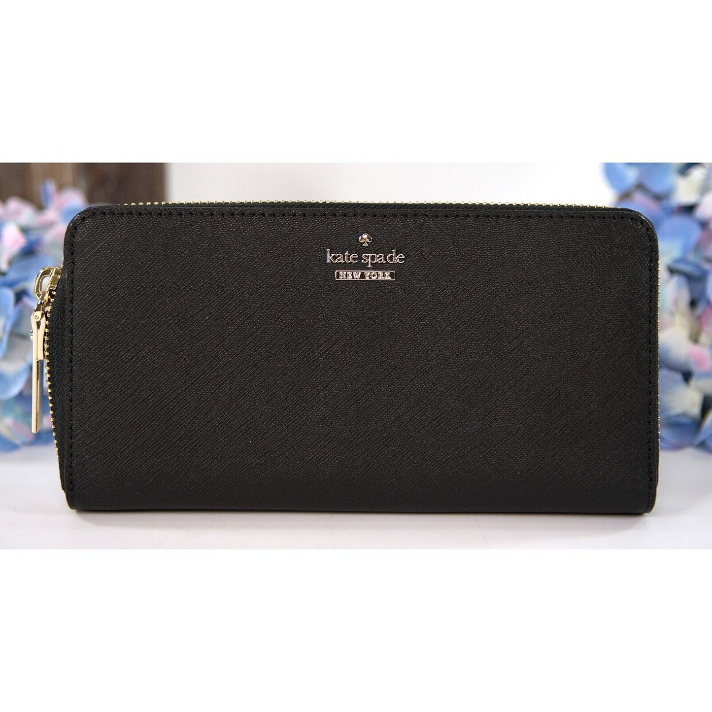 Kate Spade Black Leather Cameron Street Zip Around Lacey Wallet NWT