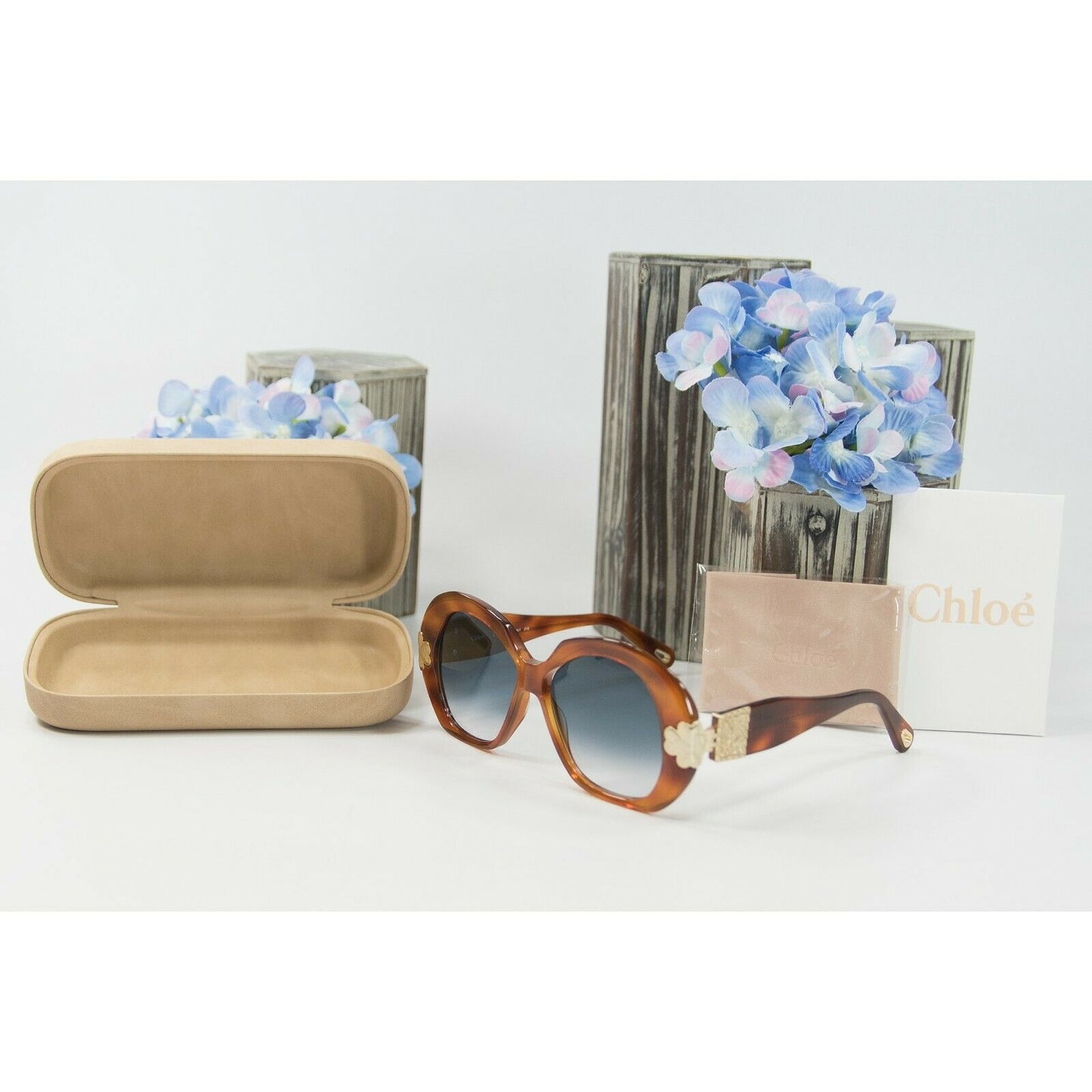 Chloe CE7435 Brown Gold Oversized Butterfly Logo Acrylic Sunglasses NWT Case