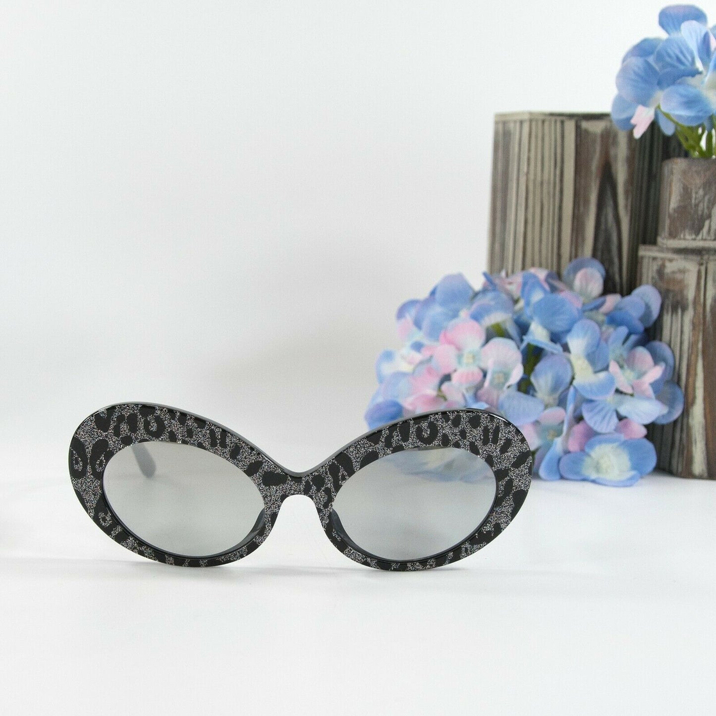 Dolce & Gabbana DG4345 Silver Glitter Leopard Cateye Logo Acrylic Sunglasses NWT