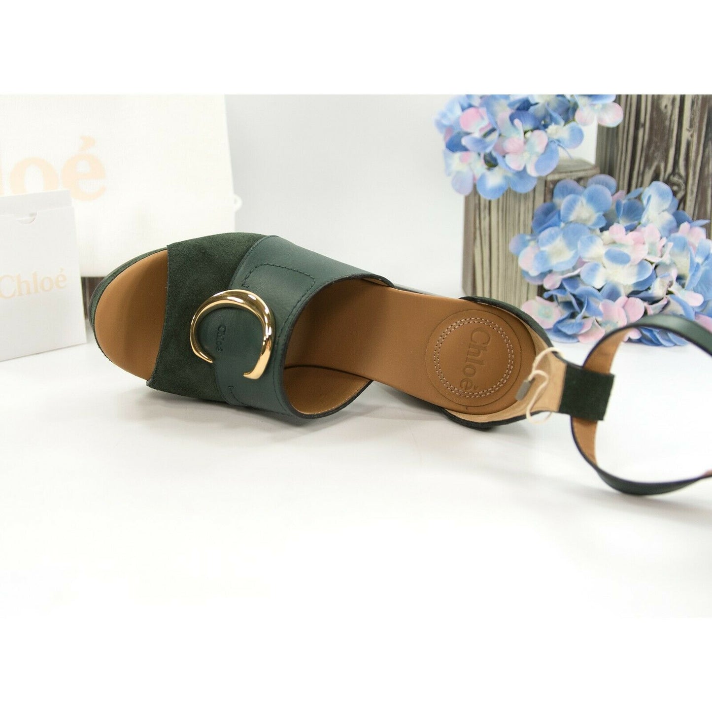 Chloe British Green Suede Leather C Logo Platform Sandal Heels 36 NIB