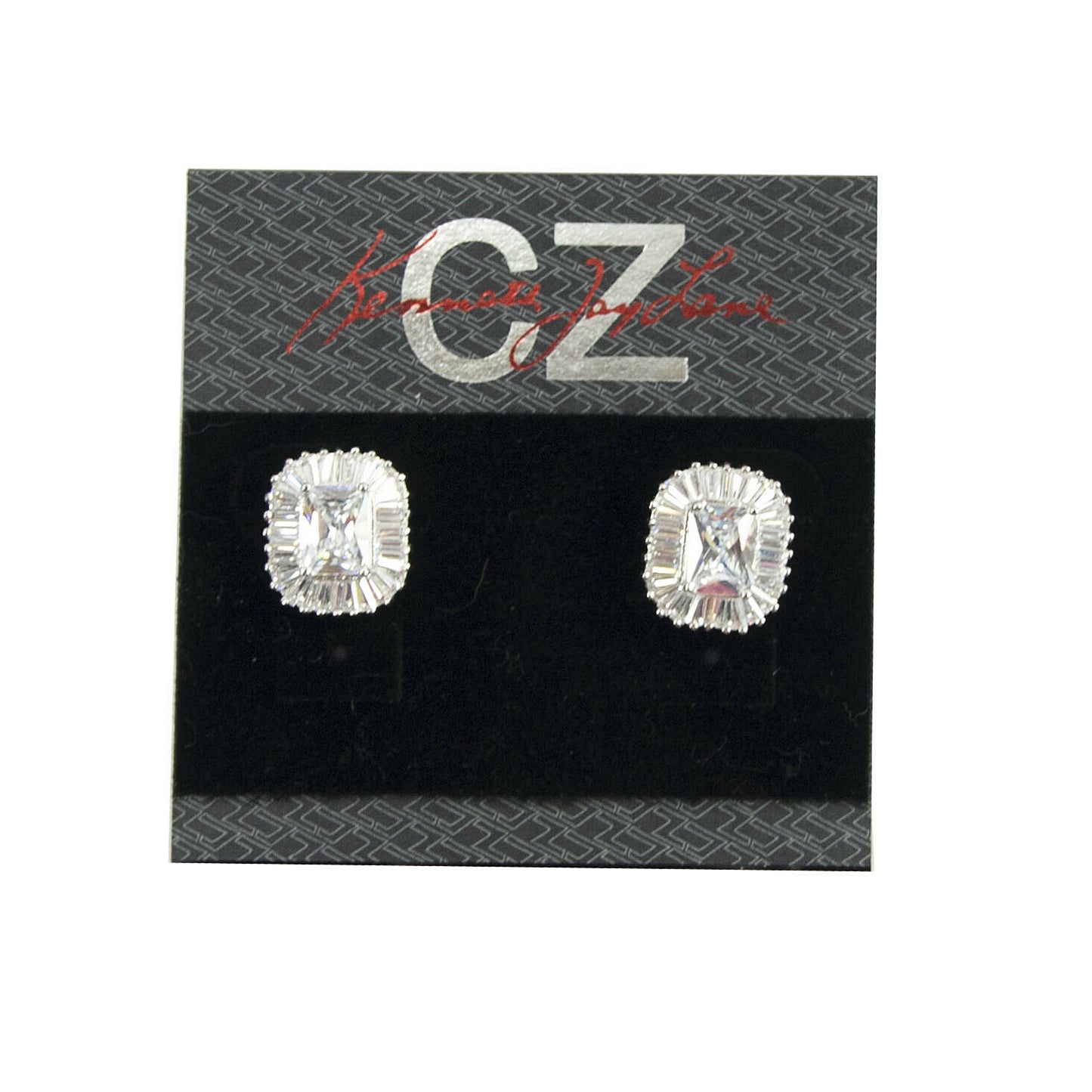 CZ Kenneth Jay Lane Rhodium Baguette Framed Emerald CZ Stud Earrings NWT