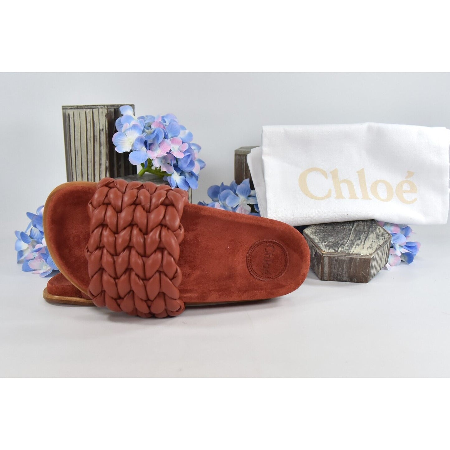 Chloe Terracotta Brown Leather Kacey Woven Flat Mules Slides Sz 37 NIB