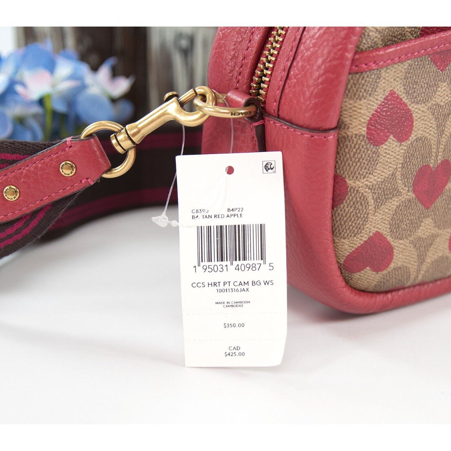 Coach Red LeatherKhaki Signature PVC Camera Guitar Strap Crossbody Bag NWT C8390