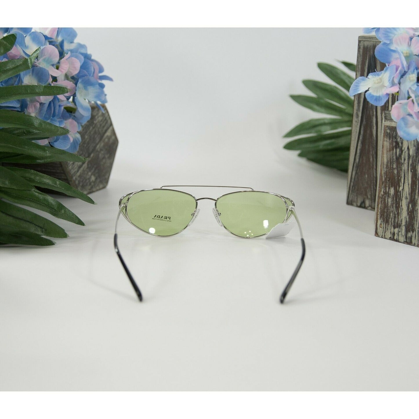 Prada 62VS66 Silver Pale Green Polarized Metal Aviator Logo Sunglasses NWT Case