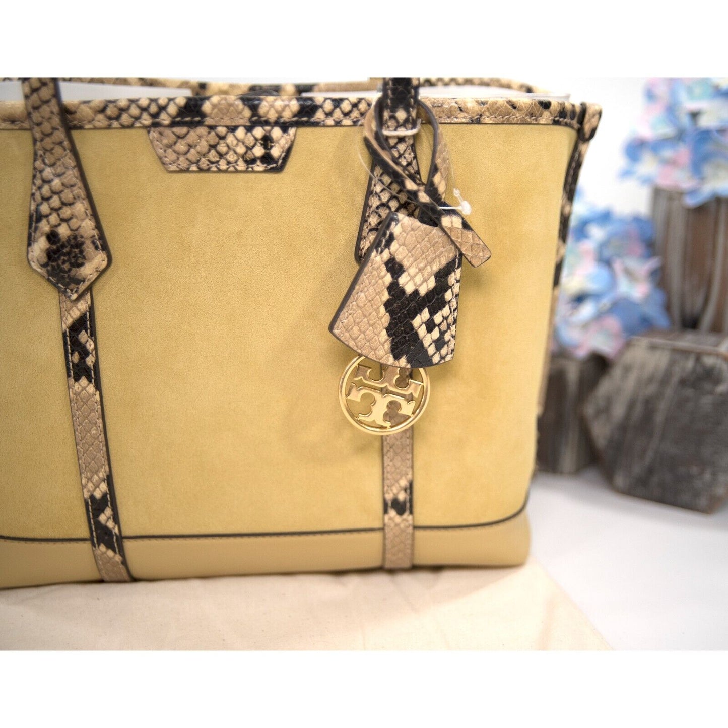 Tory Burch Perry Cornbread Suede Exotic Snake Small Triple Compartment Tote BNWT