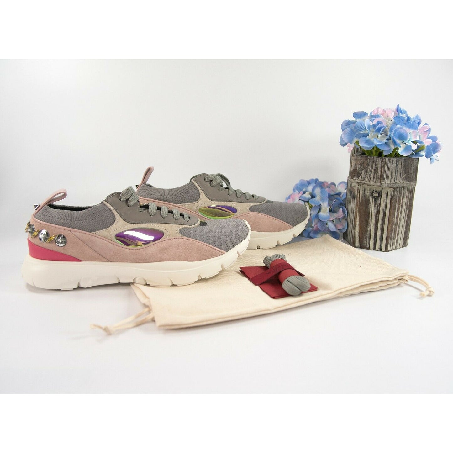 Valentino Garavani Leather Embellished Suede Athletic Sneakers 39 9 NIB