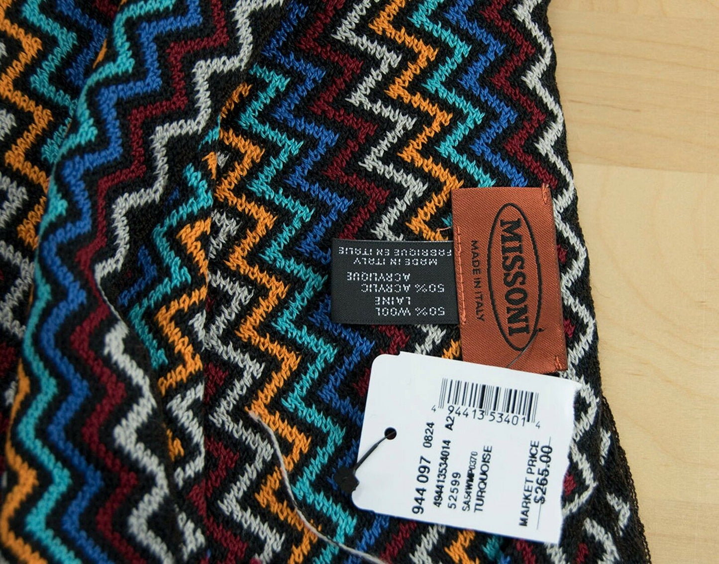 Missoni Green Blue Black Chevron Zig Zag Orange Label Fringe Oblong Scarf NWT
