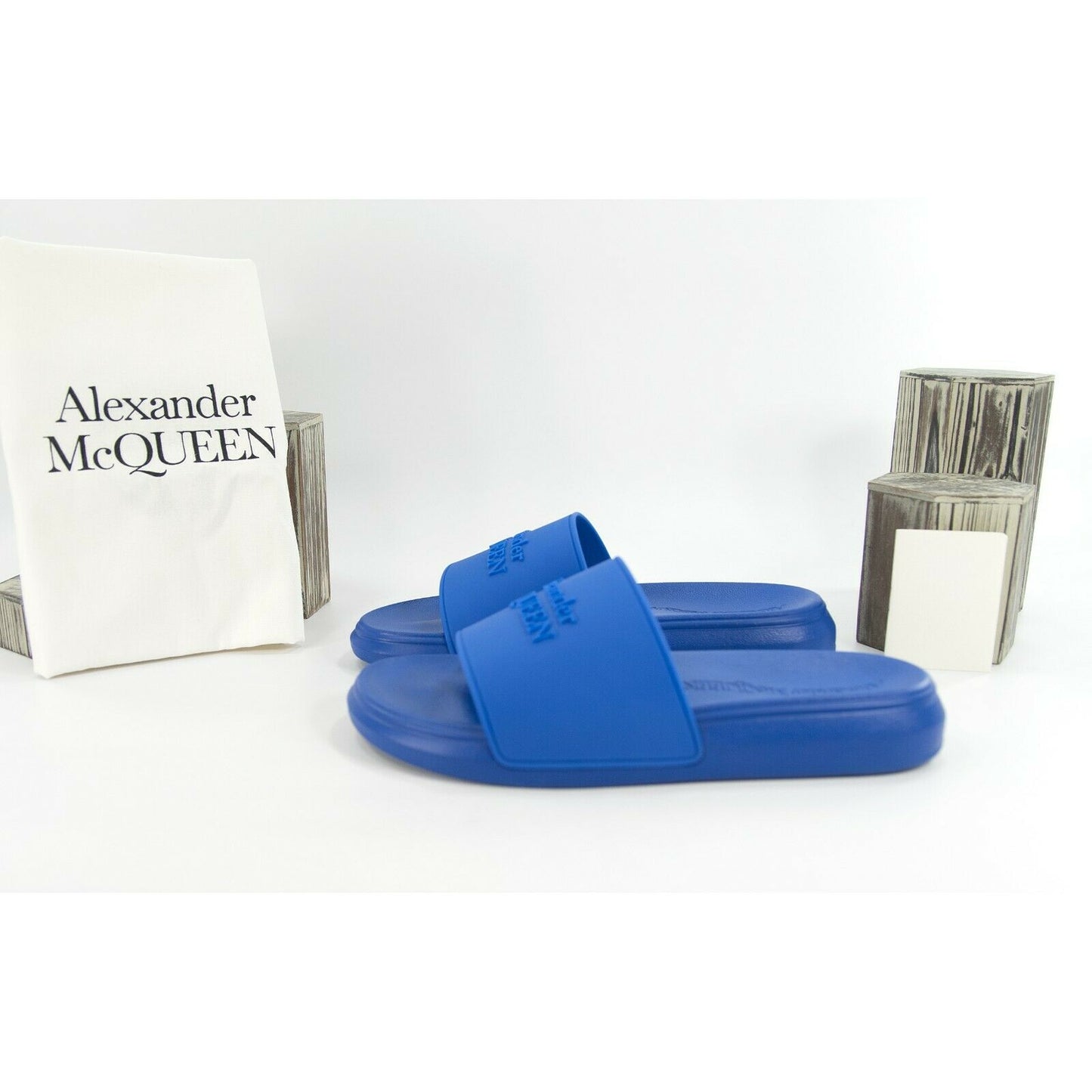 Alexander McQueen Blue Embossed Logo Leather Rubber Pool Slides 40.5 NIB